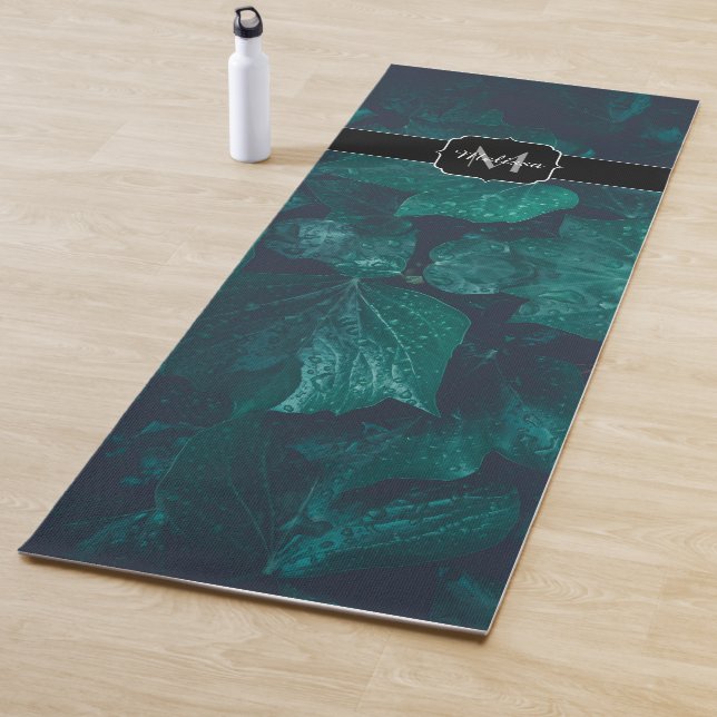 Dark emerald green ivy leaves water drops Monogram Yoga Mat (In Situ)