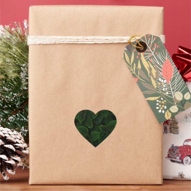 Dark Emerald Green Textured Leaves Pattern Heart Sticker (Holiday)
