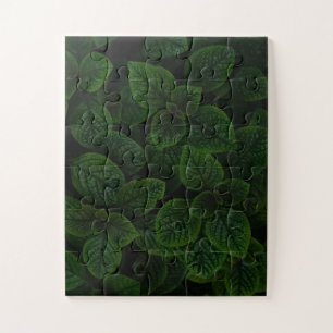 Dark Emerald Green Textured Leaves Pattern Jigsaw Puzzle