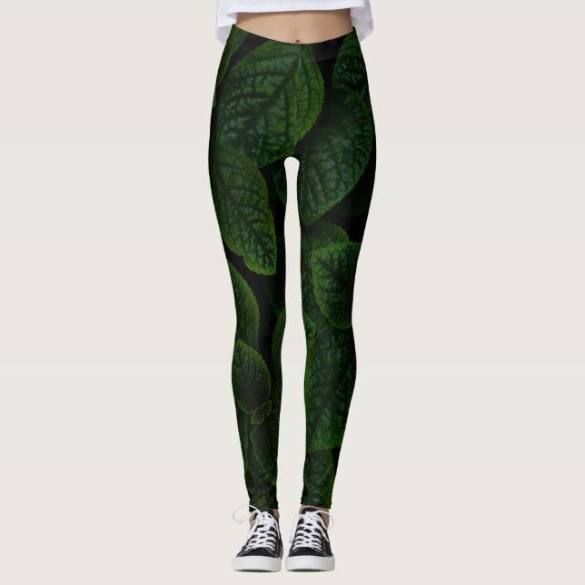 Dark Emerald Green Textured Leaves Pattern Leggings (Front)
