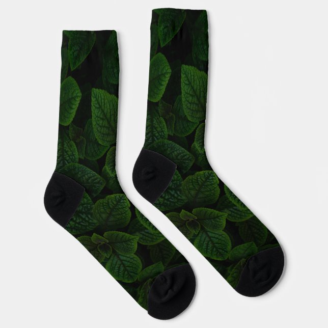 Dark Emerald Green Textured Leaves Pattern Socks (Right)