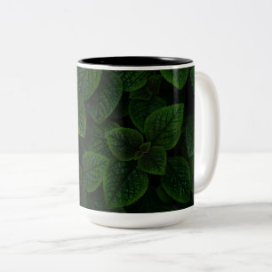 Dark Emerald Green Textured Leaves Pattern Two-Tone Coffee Mug