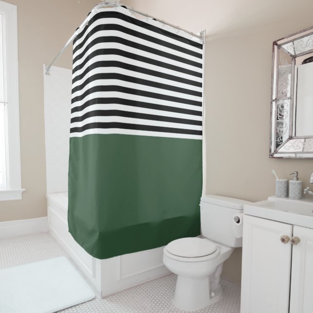 Dark Emerald Green With Black and White Stripes Shower Curtain (In Situ)