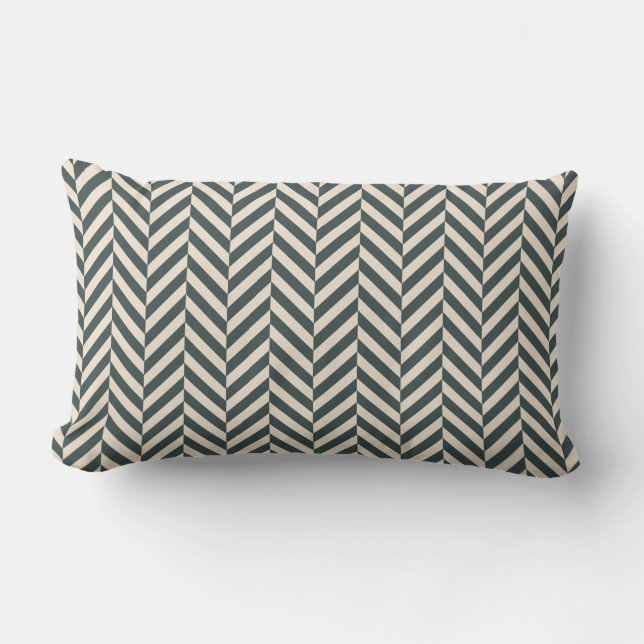 Dark Emerald Ivory Herringbone Geometric Pattern Lumbar Cushion (Front)