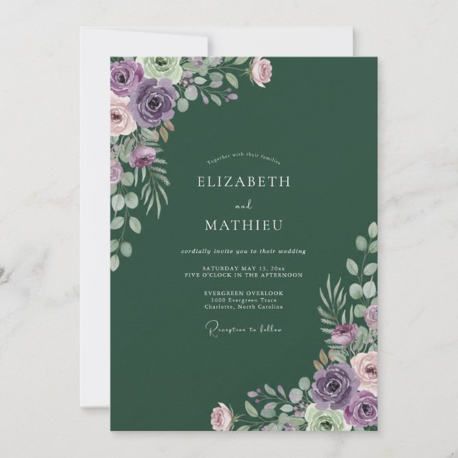 Dark Emerald Ranunculus Eucalyptus Wedding Invitation (Front)