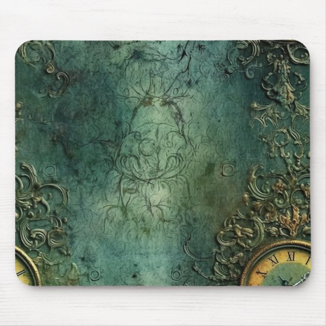 Dark Emerald Vintage Steampunk Clock Mouse Pad (Front)