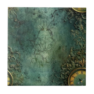 Dark Emerald Vintage Steampunk Clock Tile