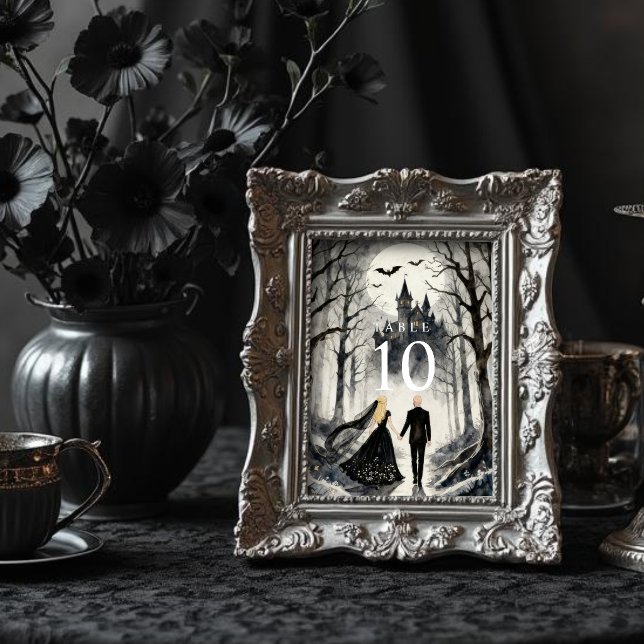 Dark Enchanted Gothic Spooky Wedding Couple Forest Table Number (Dark Enchanted Gothic Spooky Wedding Couple Forest and Haunted Castle Table Numbers. )
