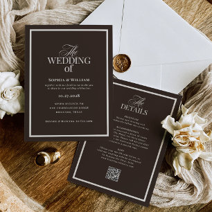 Dark Espresso Brown   Luxe RSVP QR Code Wedding Invitation