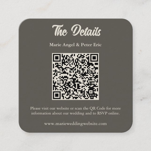 Dark Espresso Brown Wedding QR Code Enclosure  Square Business Card (Front)
