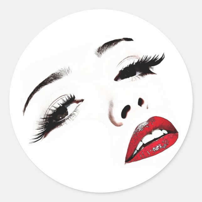 Dark Eyes Red Lips Womans Face Makeup Art Classic Round Sticker (Front)