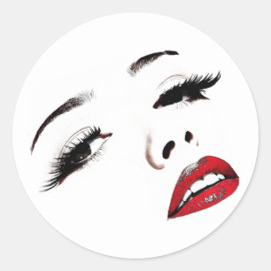 Dark Eyes Red Lips Womans Face Makeup Art Classic Round Sticker