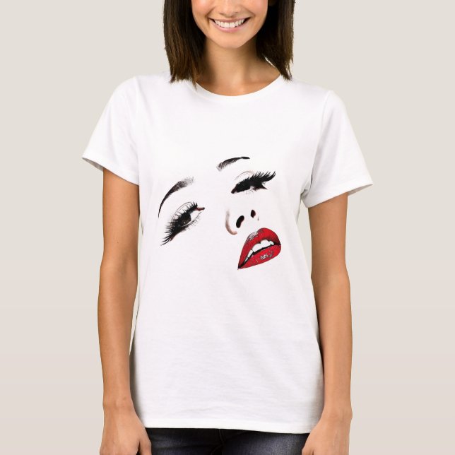 Dark Eyes Red Lips Womans Face Makeup Art T-Shirt (Front)