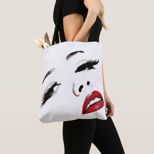 Dark Eyes Red Lips Womans Face Makeup Art Tote Bag (Close Up)