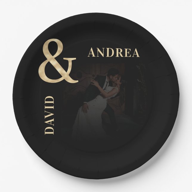 Dark Faded Photo & Gold Ampersand Black Wedding Paper Plate (Front)