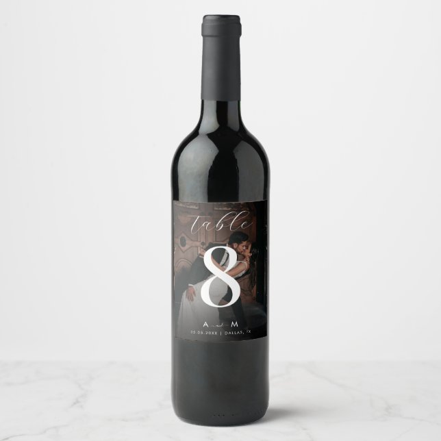 Dark Faded Photo & Monogram Table Number Wedding Wine Label (Front)