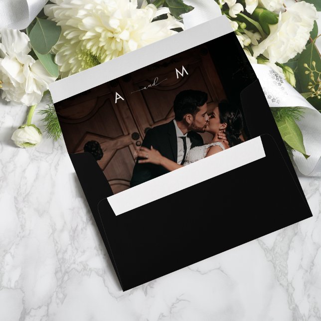 Dark Fading Photo & Monogram Elegant Black Wedding Envelope (Creator Uploaded)