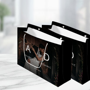 Dark Fading Photo & Monogram Elegant Black Wedding Large Gift Bag