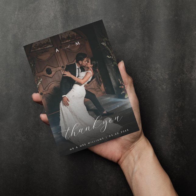 Dark Fading Photo & Monogram Elegant Black Wedding Thank You Card (Creator Uploaded)