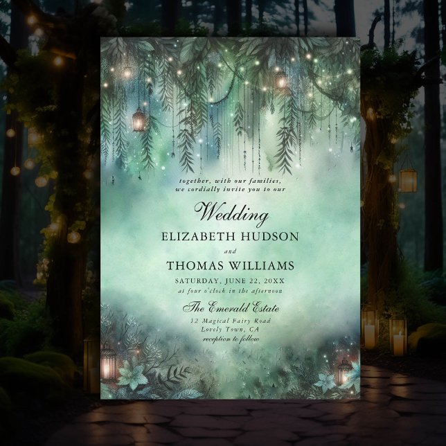 Dark Fairytale Wedding Enchanted Forest Theme Invitation (dark fairytale wedding invitation enchanted forest theme emerald green magic fairy lights greenery)