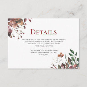 Dark Fall florals Rustic Wedding Details Card