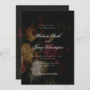 Dark Fall Flowers Calligraphy Black Wedding Invitation