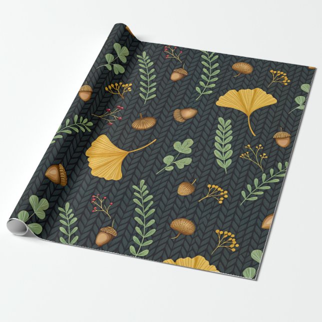 Dark Fall Gift Wrap with Ginkgo Leaves and Acorns (Unrolled)