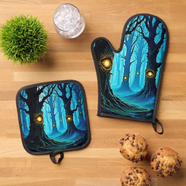 Dark Fantasy Eyeball Forest Design Oven Mitt & Pot Holder Set (Top Down)