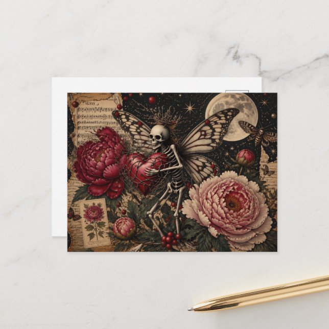 Dark Fantasy Fairy Skeleton and Peony Flowers  Postcard (Front/Back In Situ)
