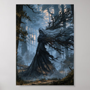 Dark Fantasy Forest Witch with Flowing White Hair Poster