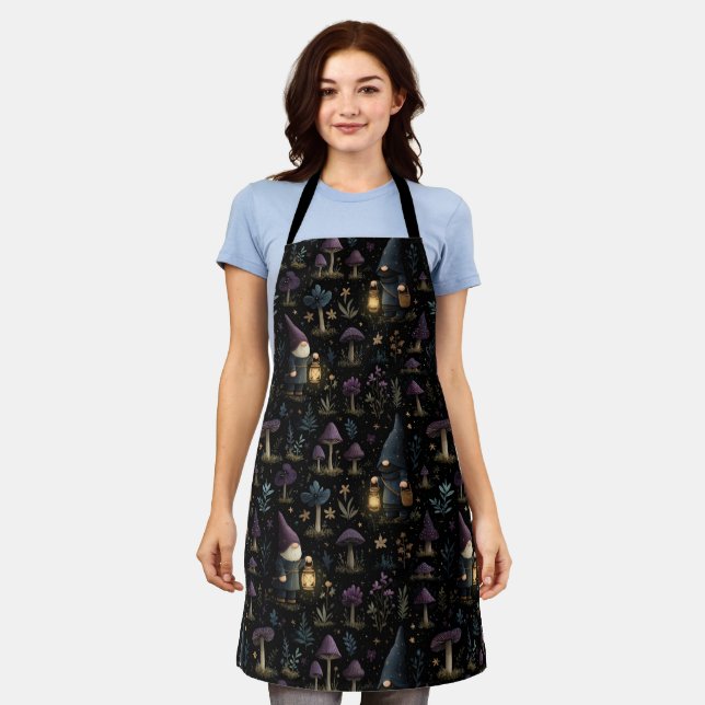 Dark Fantasy Gnome and Mushroom Pattern Apron (Worn)