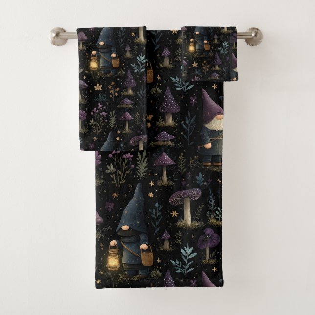 Dark Fantasy Gnome and Mushroom Pattern Bath Towel Set (Insitu)