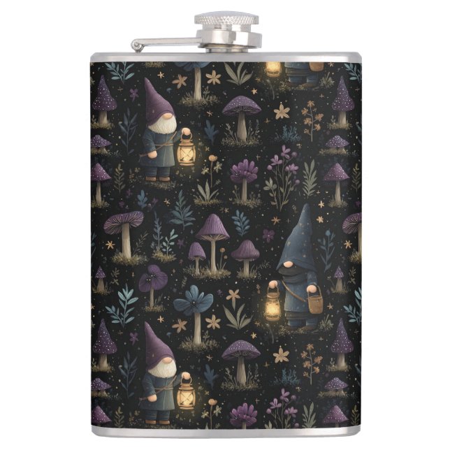 Dark Fantasy Gnome and Mushroom Pattern Hip Flask (Front)