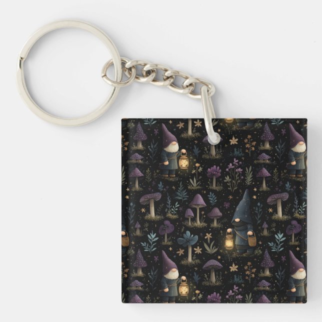 Dark Fantasy Gnome and Mushroom Pattern Key Ring (Front)