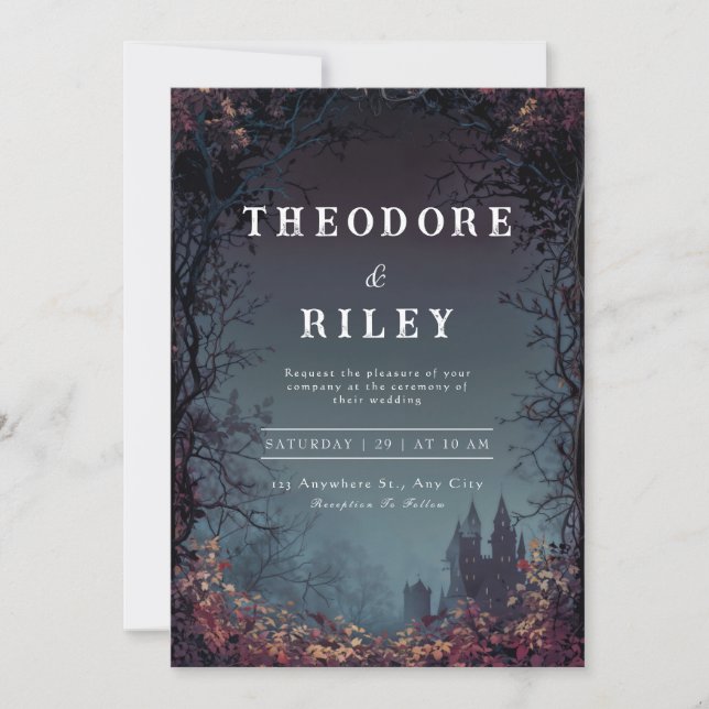 Dark Fantasy Gothic Castle Autumn Forest Wedding Invitation (Front)