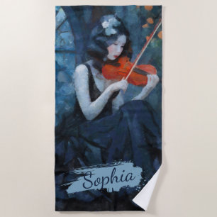 Dark Fantasy Gothic Violinist in Moonlit Garden Beach Towel