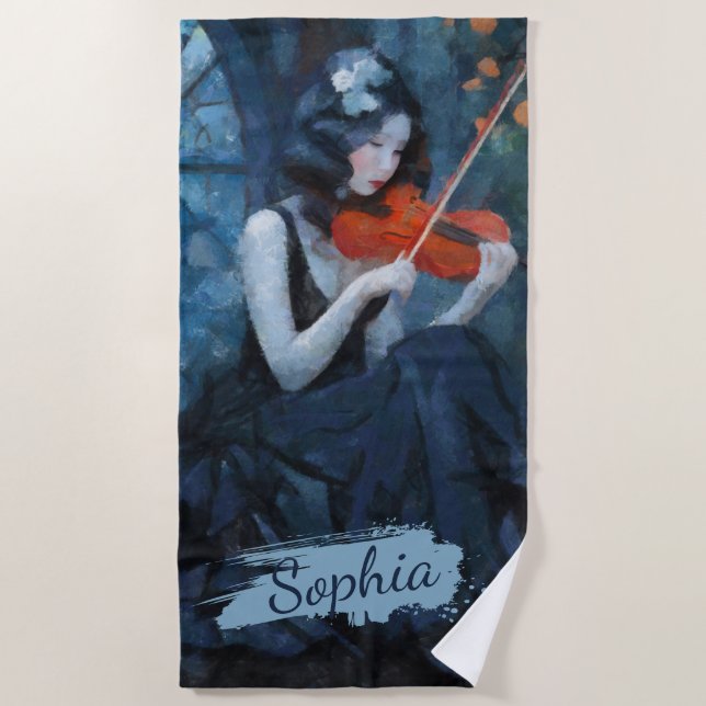 Dark Fantasy Gothic Violinist in Moonlit Garden Beach Towel (Front)