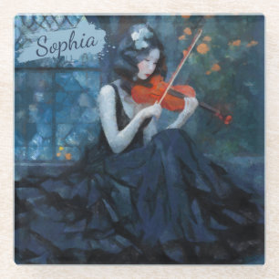 Dark Fantasy Gothic Violinist in Moonlit Garden Glass Coaster