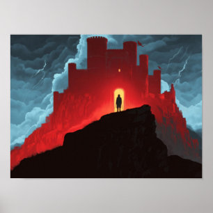Dark Fantasy Red Fortress Silhouette Adventure Art Poster