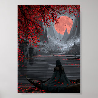 Dark Fantasy Traveller in a Boat Under Red Moon Poster