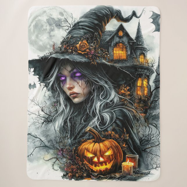 Dark Fantasy Witch & Jack-o'-Lantern Cosy  Sherpa Blanket (Front)