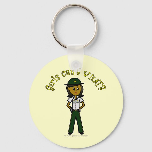Dark Female Sheriff in Green Uniform Key Ring (Front)