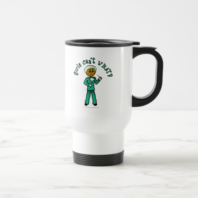 Dark Female Surgeon in Green Scrubs Travel Mug (Right)