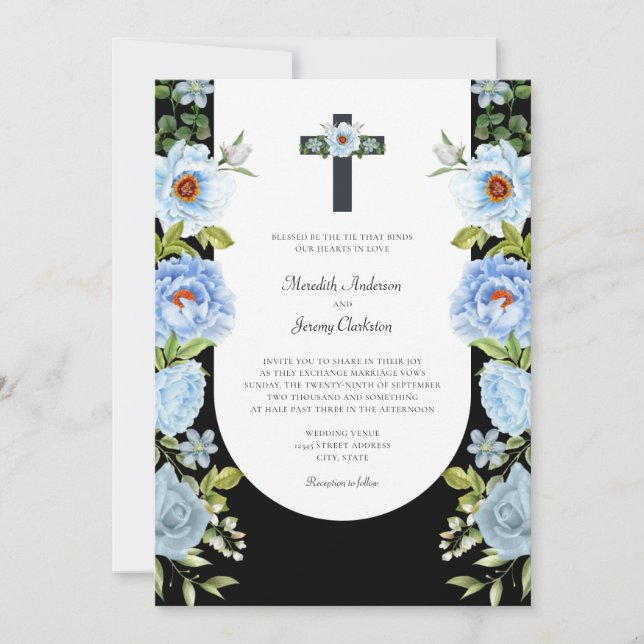 Dark Floral Arch Religious Cross Wedding Invitation (Front)