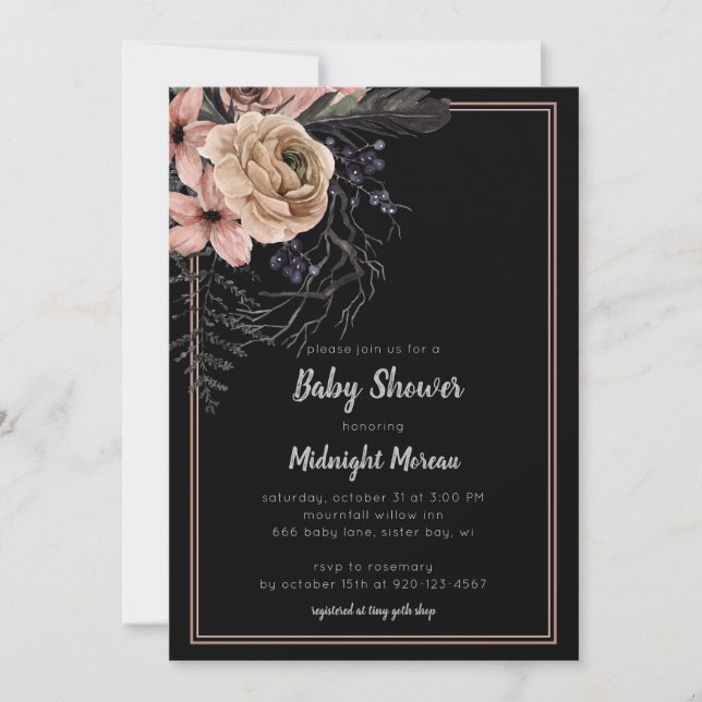 Dark Floral Baby Shower Invitation (Front)