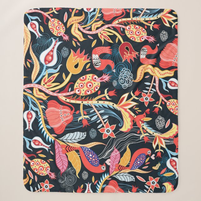 Dark Floral Birds: Ornamental Pattern. Sherpa Blanket (Front)