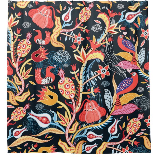 Dark Floral Birds: Ornamental Pattern. Shower Curtain (Front)