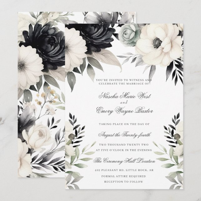 Dark Floral Black Cream Boho Wedding Invitation (Front/Back)