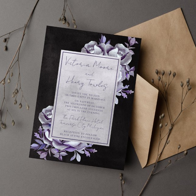Dark Floral Black Gothic Purple Moody Wedding Invitation (Creator Uploaded)