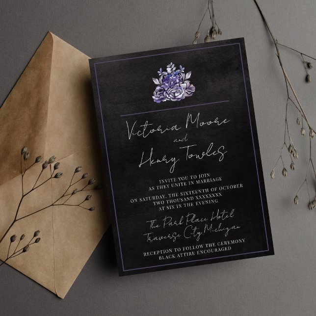 Dark Floral Black Halloween Purple Moody Wedding Invitation (Creator Uploaded)